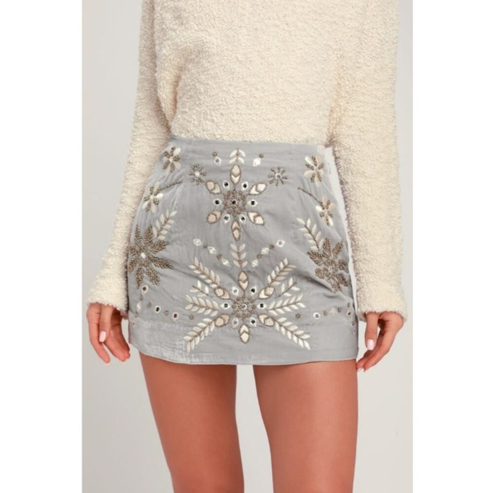 Free People Bright Lights Velvet Beaded Mini Skirt Silver Size 6